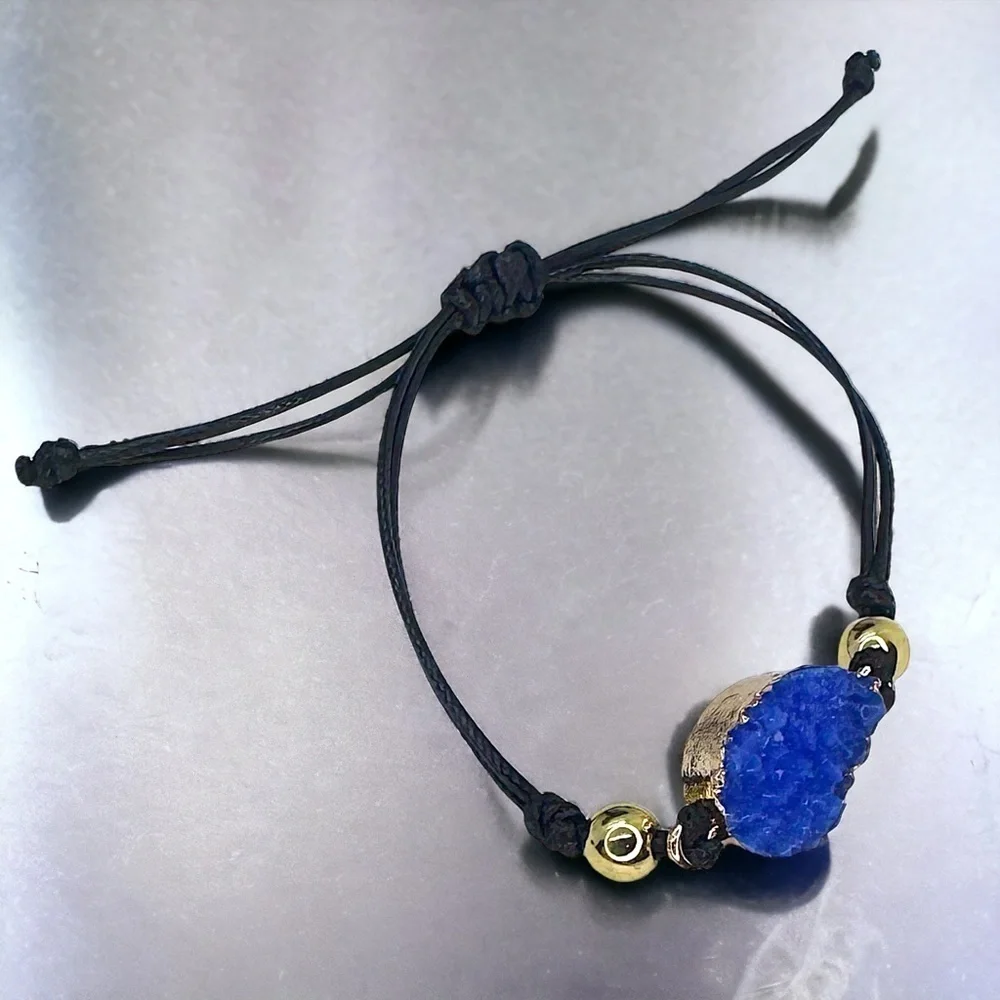 Chic NWOT Black Leather Adjustable Bracelet with Dazzling Gold & Blue Charm